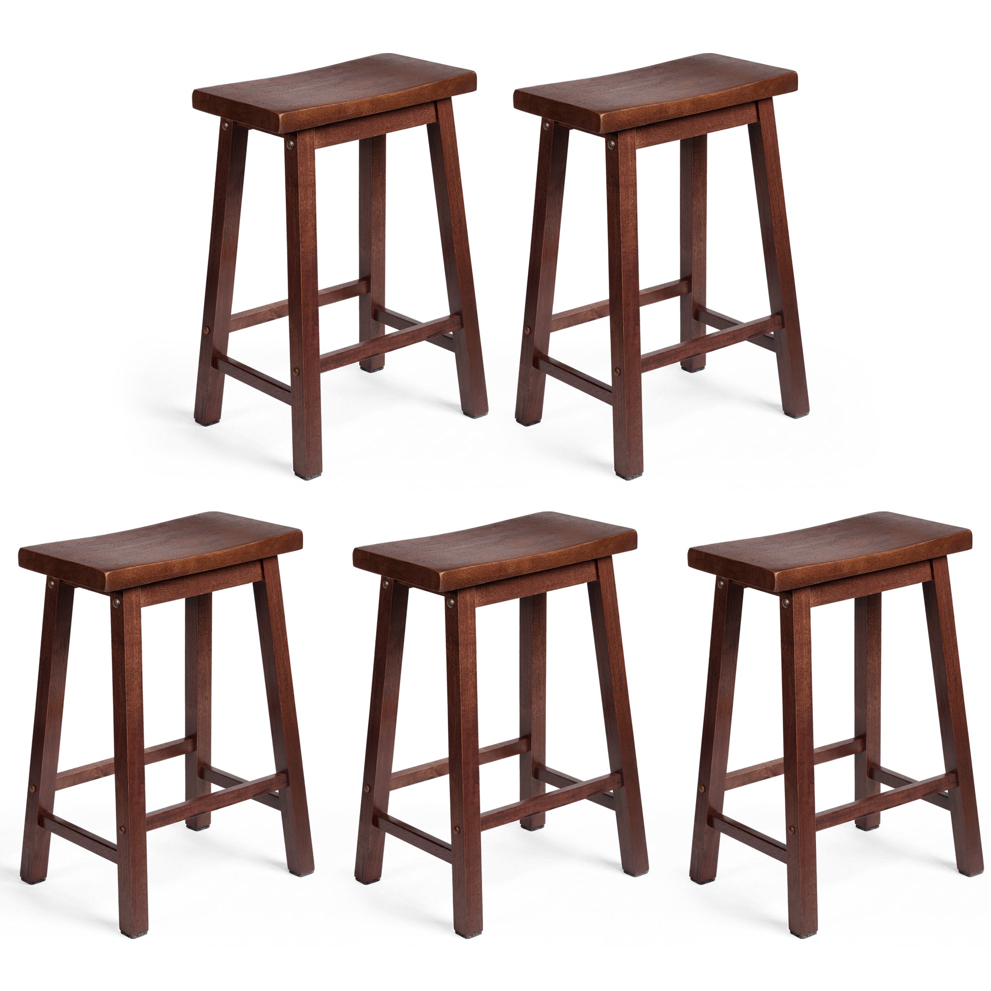 PJ Wood Classic Saddle Seat 24 Inch Kitchen Bar Counter Stool, Walnut (5 Pack) - VMInnovations