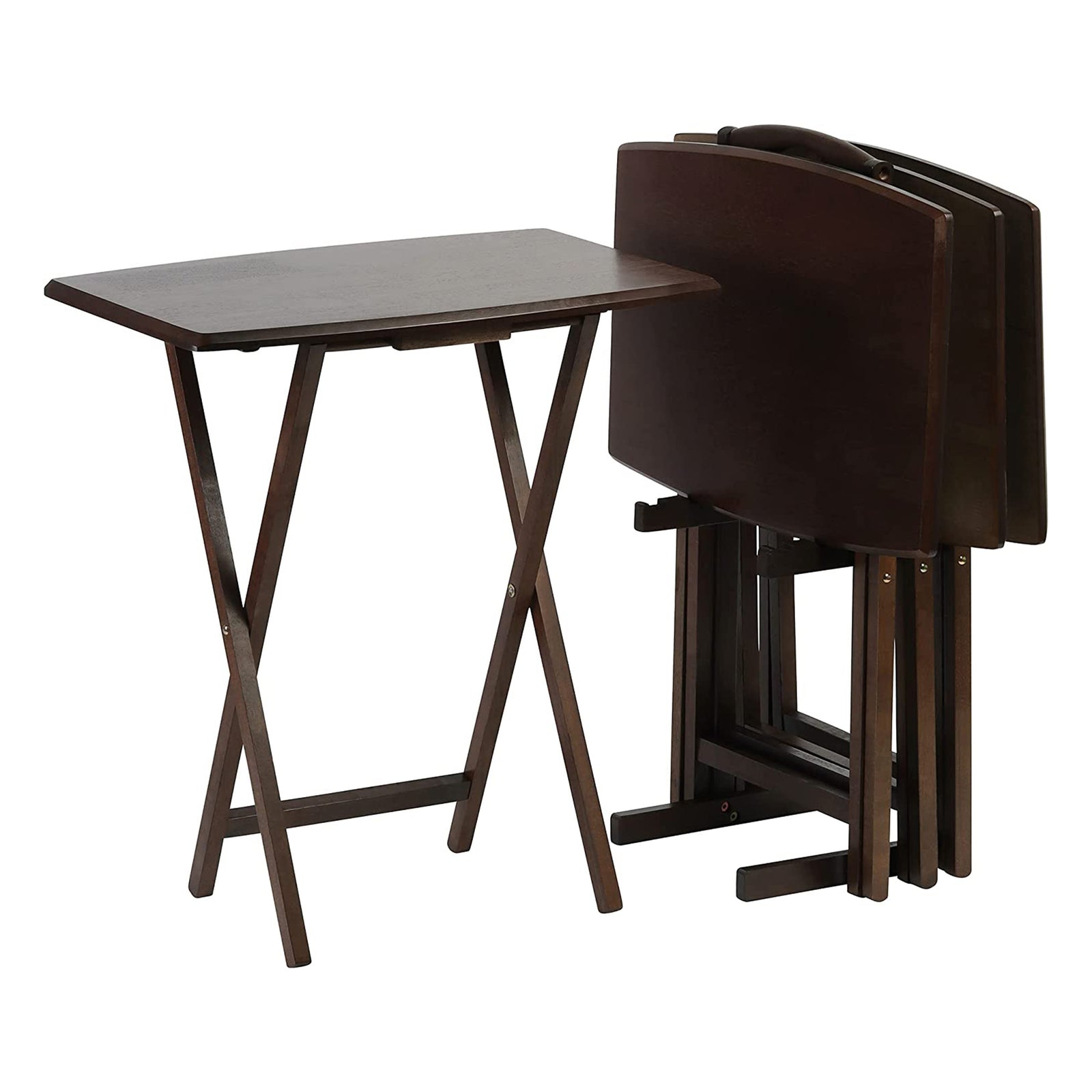 PJ Wood Folding TV Tray Tables with Compact Storage Rack, Walnut (10 Piece Set) - VMInnovations
