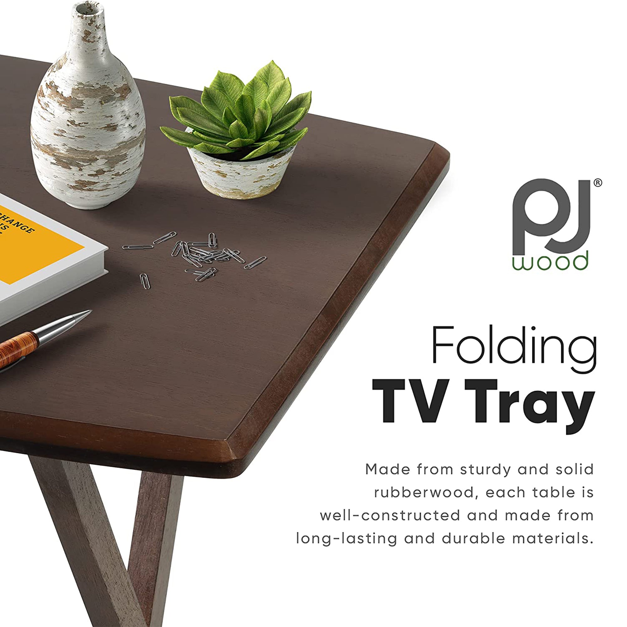 PJ Wood Folding TV Tray Tables with Compact Storage Rack, Walnut (10 Piece Set) - VMInnovations