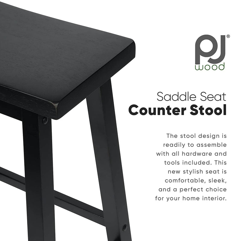 PJ Wood Classic Saddle Seat 24 Inch Kitchen Bar Counter Stool, Black (2 Pack)