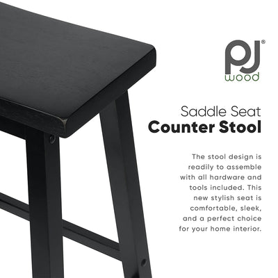 PJ Wood Classic Saddle Seat 24 Inch Kitchen Bar Counter Stool, Black (3 Pack)