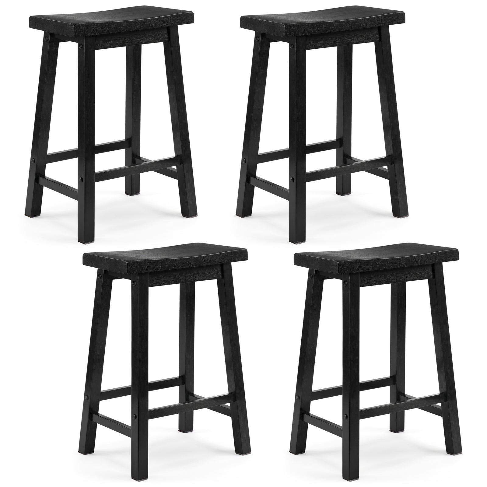 PJ Wood Classic Saddle Seat 24 Inch Kitchen Bar Counter Stool, Black (4 Pack) - VMInnovations