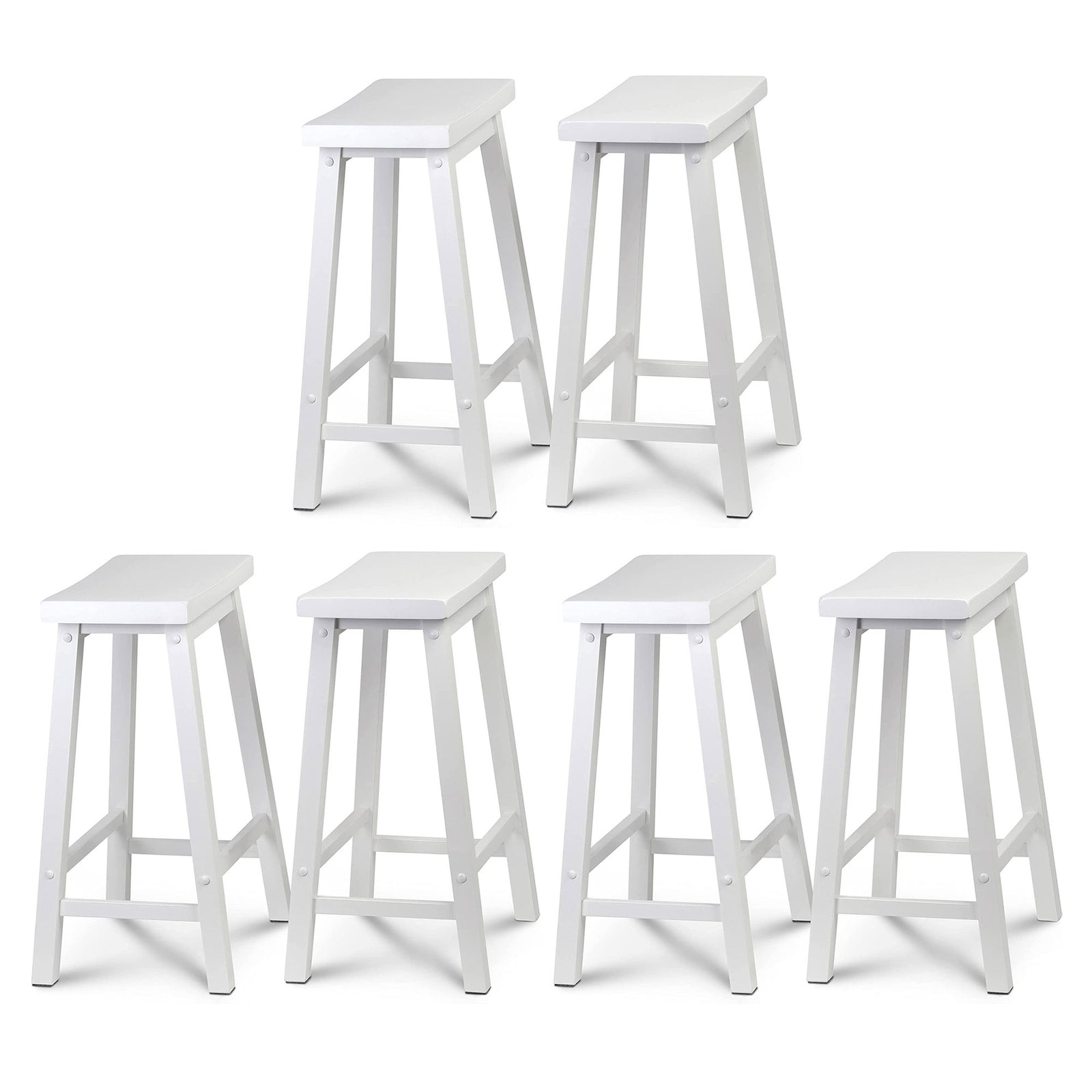 PJ Wood Classic Saddle Seat 24 Inch Tall Kitchen Counter Stools, White (6 Pack) - VMInnovations