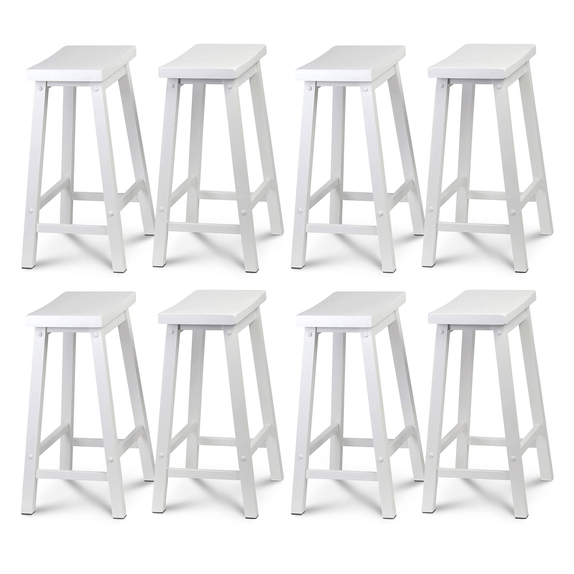 PJ Wood Classic Saddle Seat 24 Inch Tall Kitchen Counter Stools, White (8 Pack)