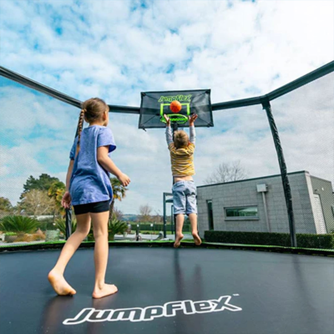 JumpFlex HERO 14' Trampoline with PROJAM Hero Basketball Hoop and Net Attachment - VMInnovations