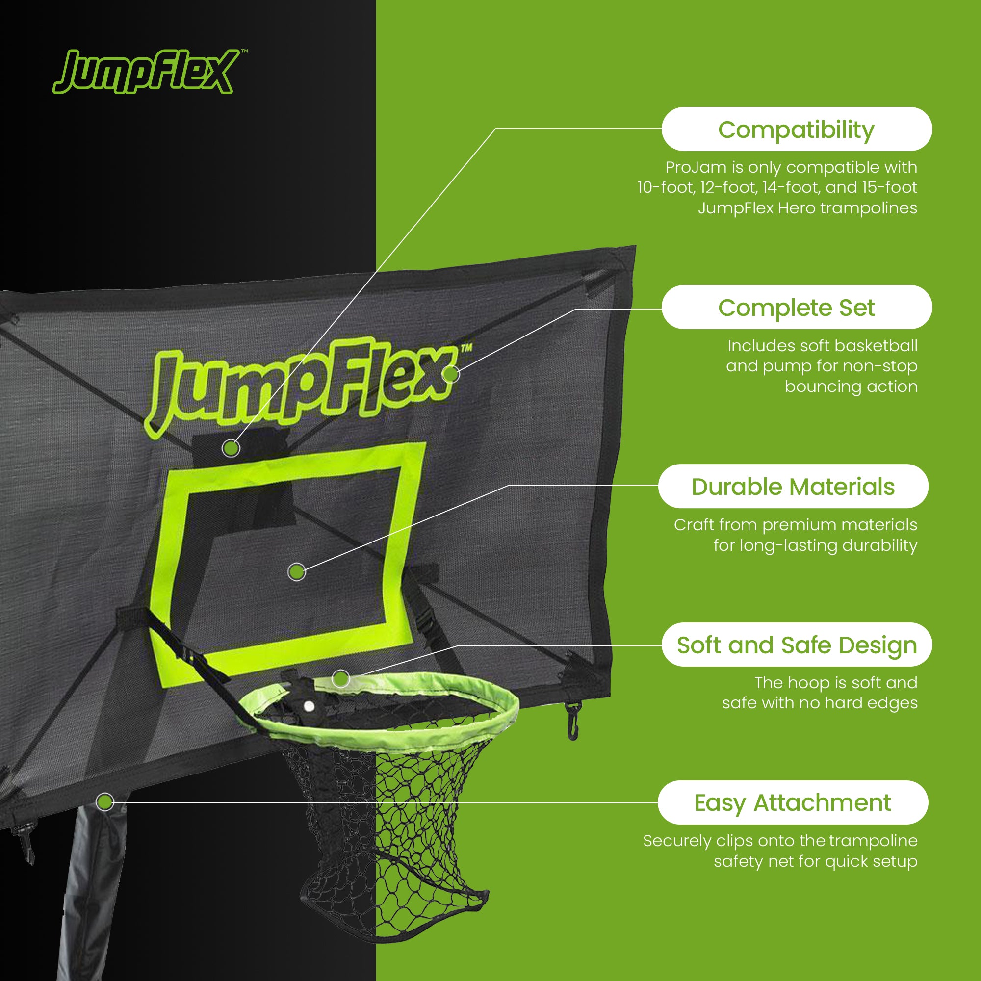 Jumpflex MEGA 17' Trampoline, Outdoor Playset with PROJAM Basketball Hoop, Black
