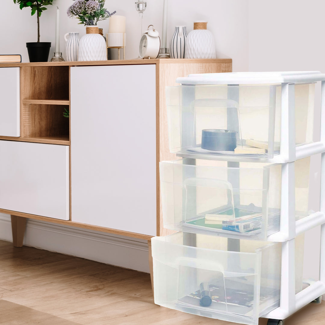 Homz Plastic 3 Drawer Storage Container Tower, Clear Drawers/White Frame (Used)