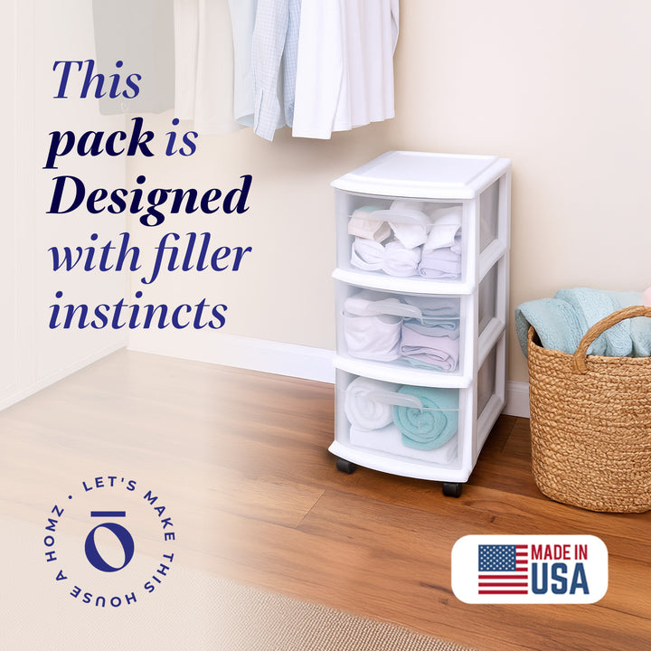 Homz Plastic 3 Drawer Medium Storage Container Tower, Clear Drawers/White Frame