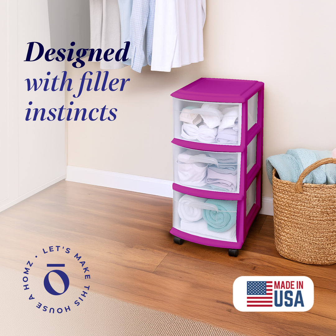 Homz Plastic 3 Drawer Med Storage Tower, Clear Drawers/Purple Frame(Open Box)