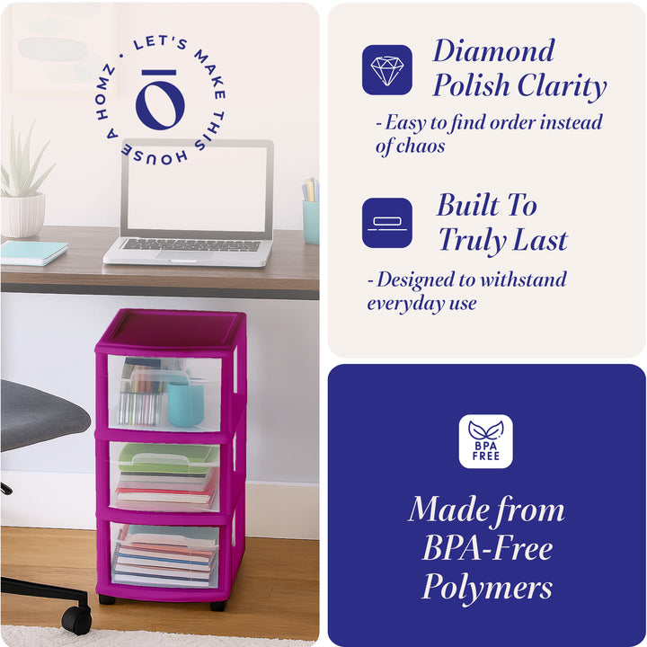 Homz Plastic 3 Drawer Medium Storage Container Tower, Clear Drawers/Purple Frame
