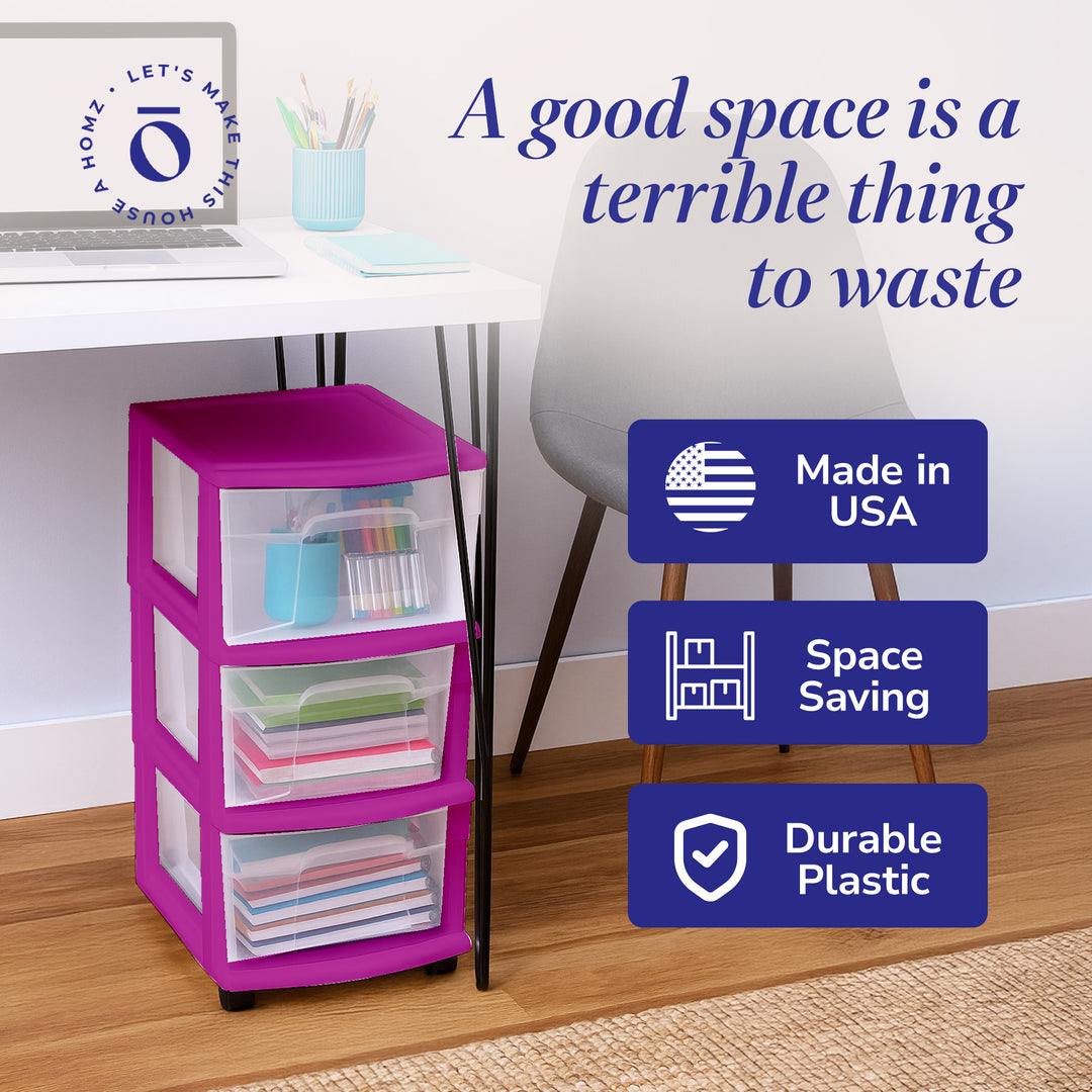 Homz Plastic 3 Drawer Med Storage Tower, Clear Drawers/Purple Frame(Open Box)