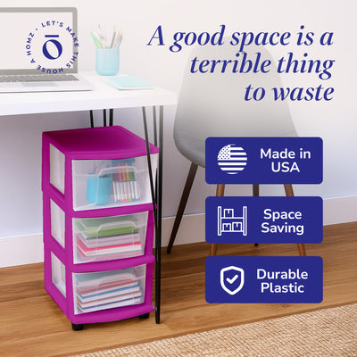 Homz Plastic 3 Drawer Med Storage Container Tower, Clear Drawers/Purple (Used) - VMInnovations