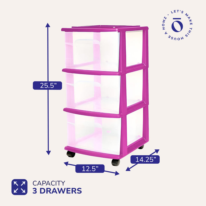 Homz Plastic 3 Drawer Med Storage Tower, Clear Drawers/Purple Frame(Open Box) - VMInnovations