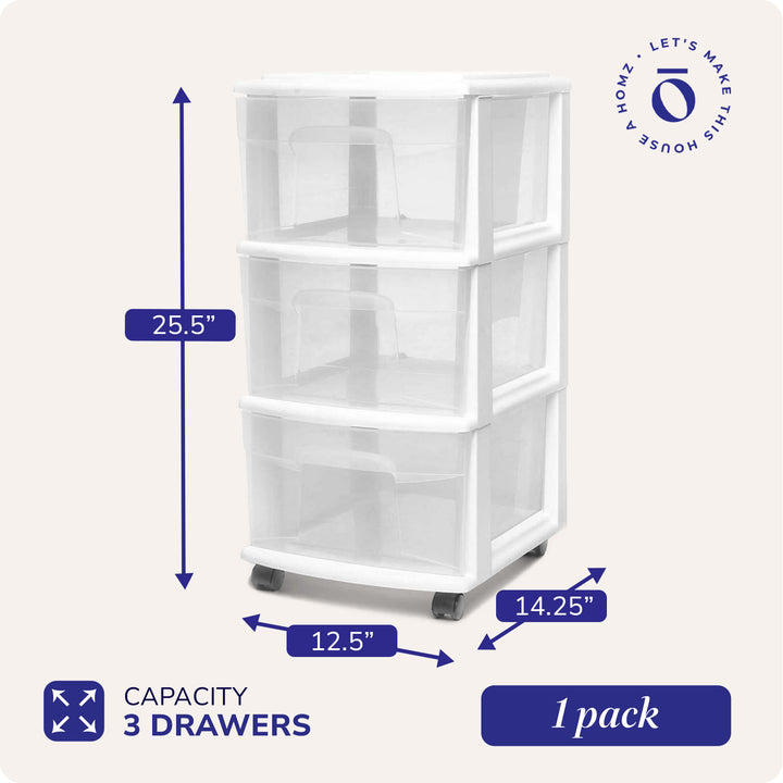 Homz Plastic 3 Drawer Medium Storage Container Tower, Clear Drawers/White Frame