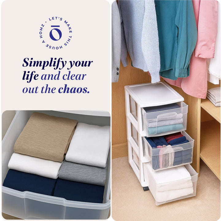 Homz Plastic 3 Drawer Medium Storage Container Tower, Clear Drawers/White Frame