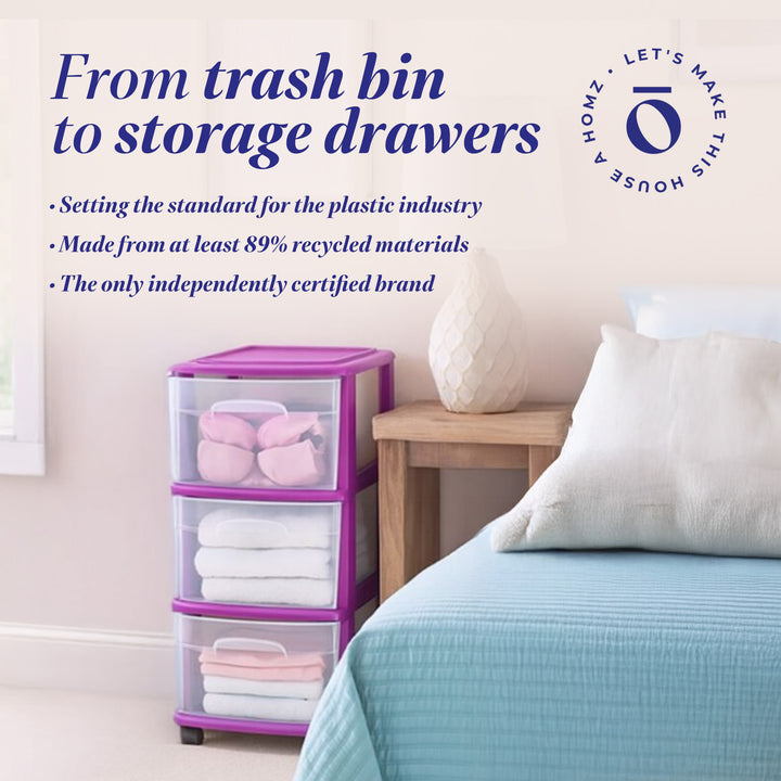 Homz Plastic 3 Drawer Med Storage Tower, Clear Drawers/Purple Frame(Open Box)