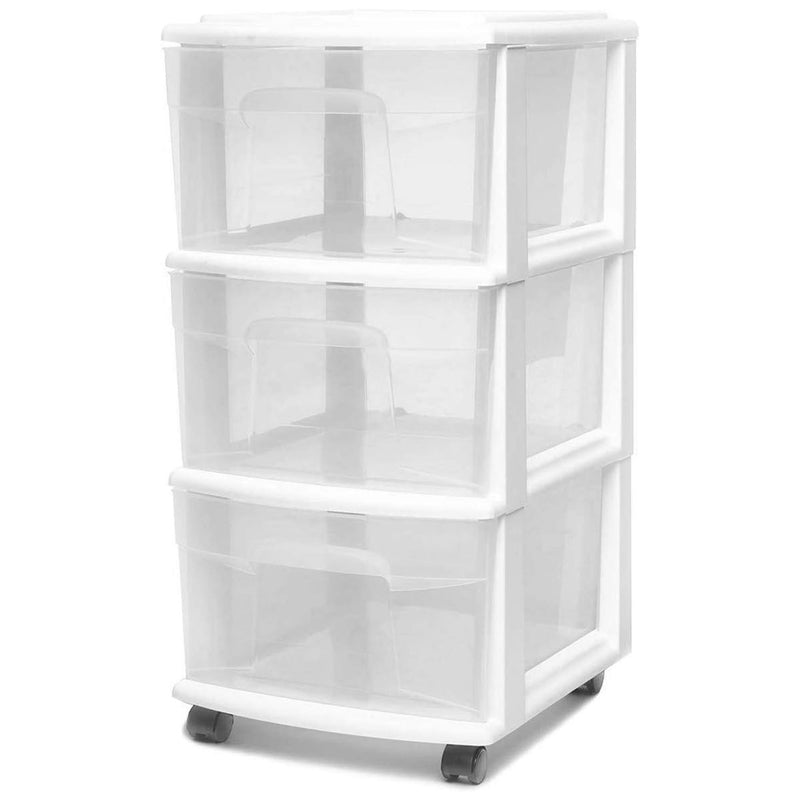 Homz Plastic 3 Drawer Storage Container Tower, Clear Drawers/White Frame (Used)