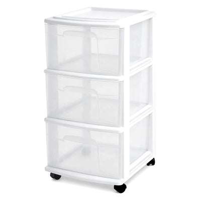 Homz Plastic 3 Drawer Medium Storage Container Tower, Clear Drawers/White Frame