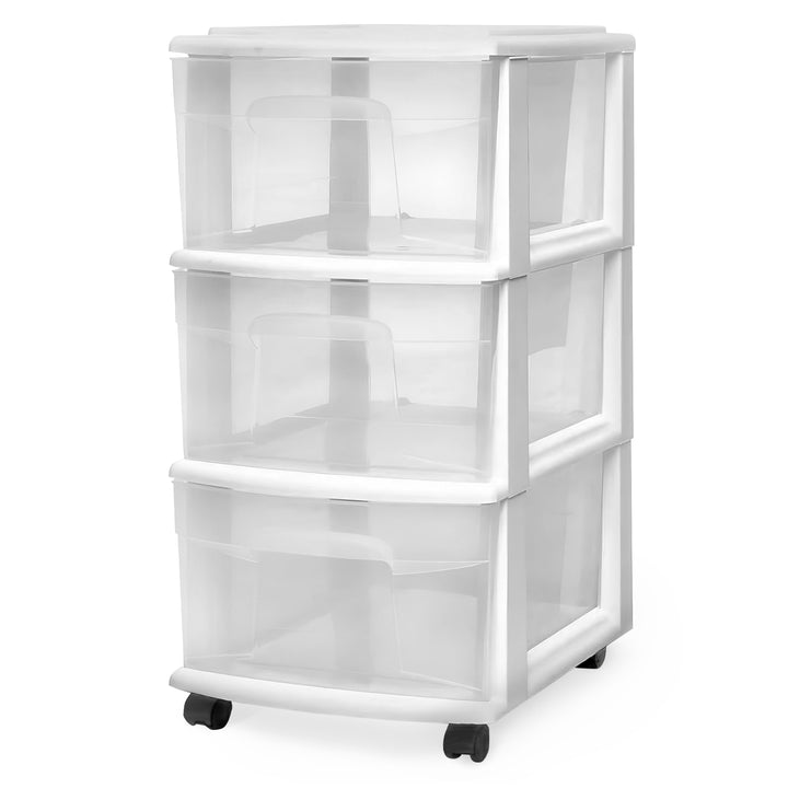 Homz Plastic 3 Drawer Storage Container Tower, Clear Drawers/White Frame (Used)