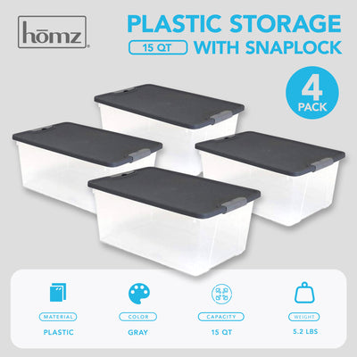 Homz 15 Qt Stackable Plastic Storage Container w/Snaplock Lid, Gray (4 Pack)