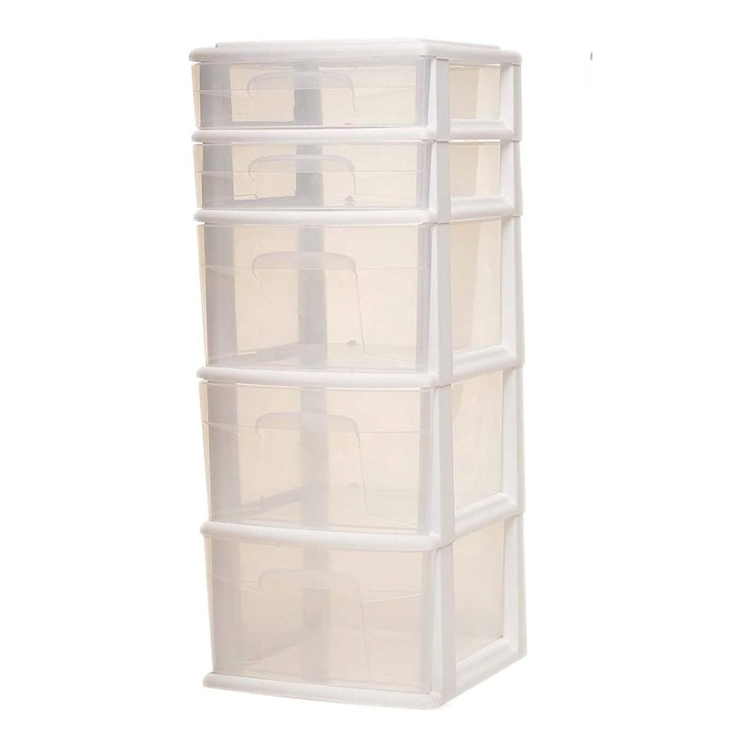 Homz Clear Plastic 5 Drawer Home Storage Container Tower, White Frame (2 Pack)