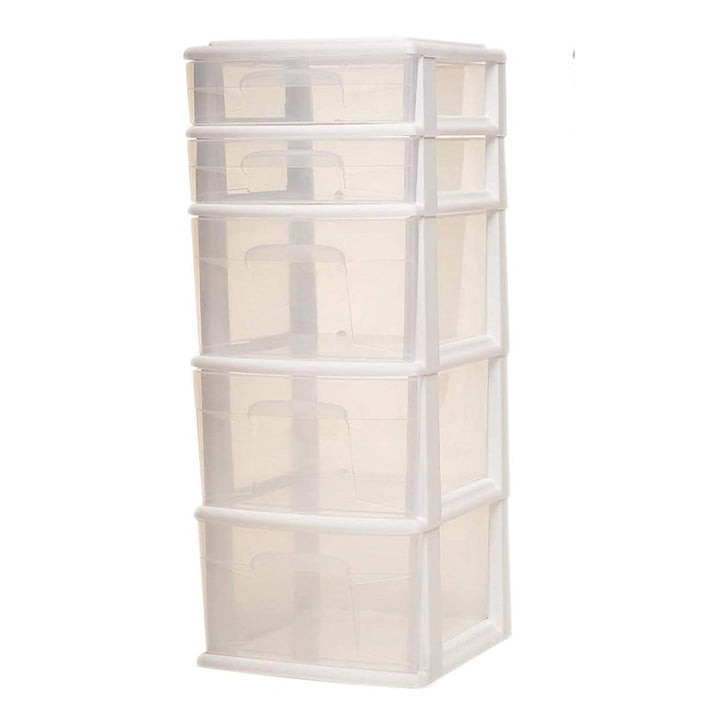 Homz Clear Plastic 5 Drawer Home Storage Container Tower, White Frame (2 Pack)