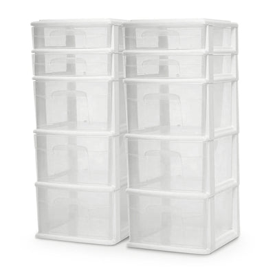 Homz Clear Plastic 5 Drawer Home Storage Container Tower, White Frame (2 Pack)