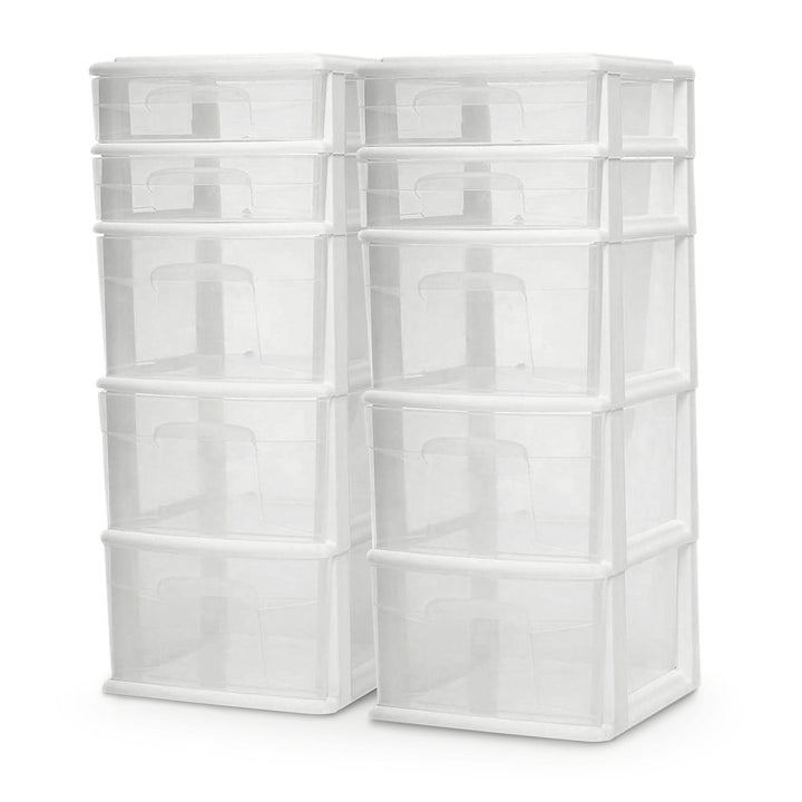 Homz Clear Plastic 5 Drawer Storage Container Tower, White Frame (2 Pack) (Used)