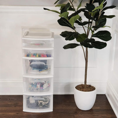 Homz Clear Plastic 5 Drawer Home Storage Container Tower, White (2pk) (Open Box) - VMInnovations