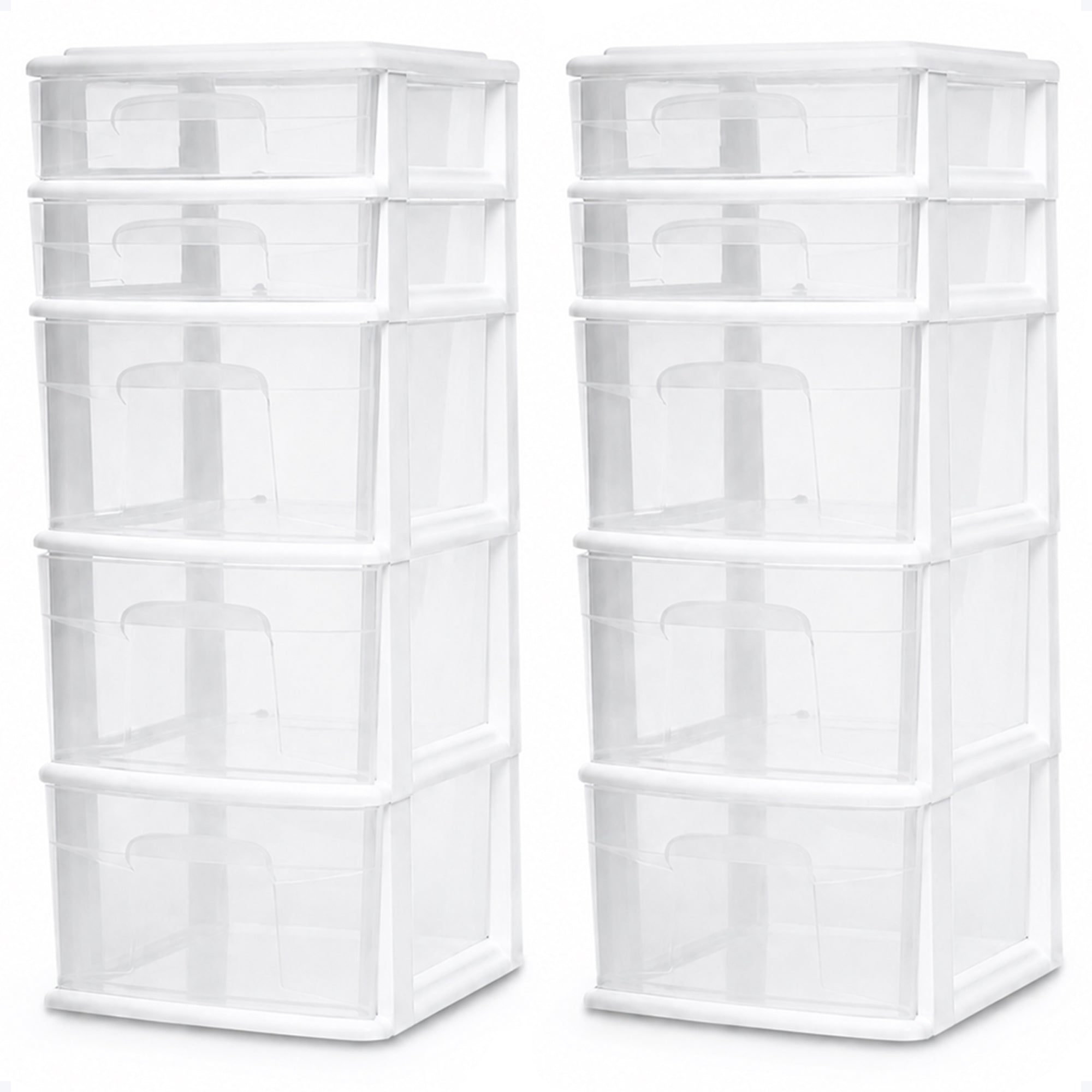 Homz Clear Plastic 5 Drawer Home Storage Container Tower, White Frame (2 Pack)