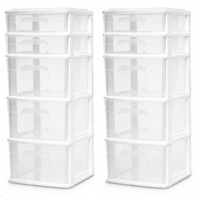 Homz Clear Plastic 5 Drawer Home Storage Container Tower, White Frame (2 Pack)