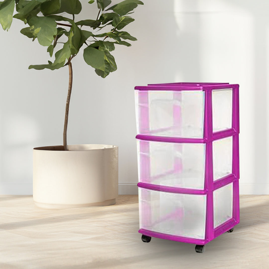 Homz Plastic 3 Drawer Medium Storage Container Tower, Purple Frame (2 Pack)