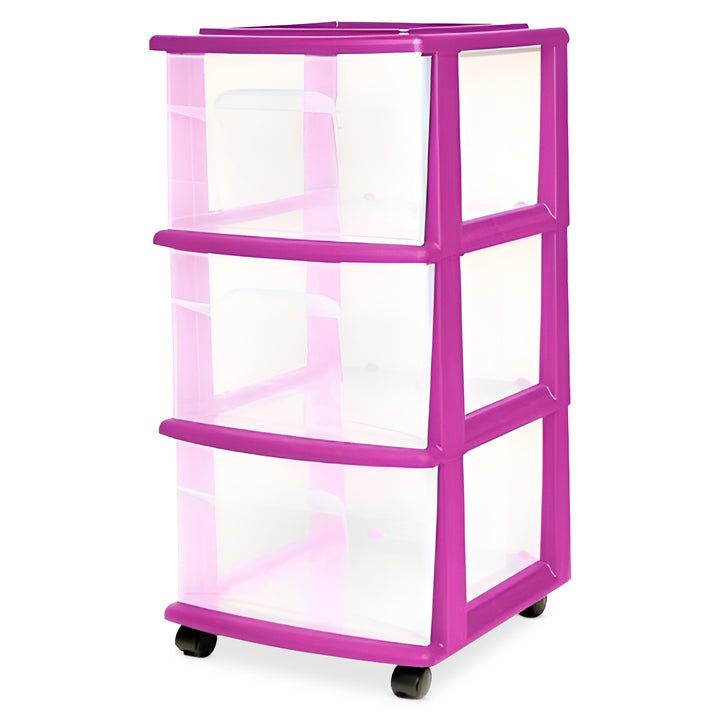 Homz Plastic 3 Drawer Med Storage Tower, Clear Drawers/Purple Frame(Open Box)