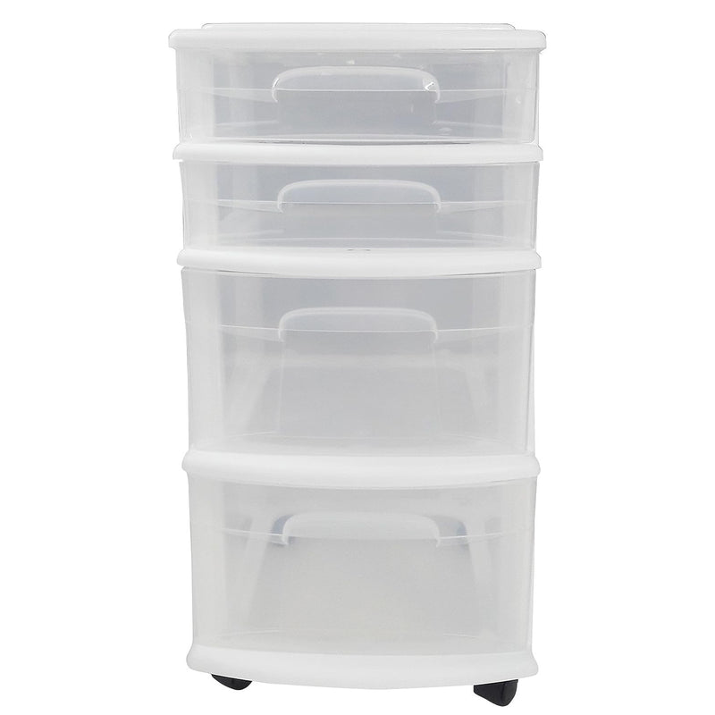 Homz Clear Plastic 4 Drawer Medium Home Storage Tower, White Frame (Used)