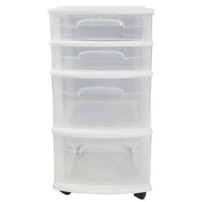 Homz Clear Plastic 4 Drawer Medium Home Storage Container Tower, White Frame - VMInnovations