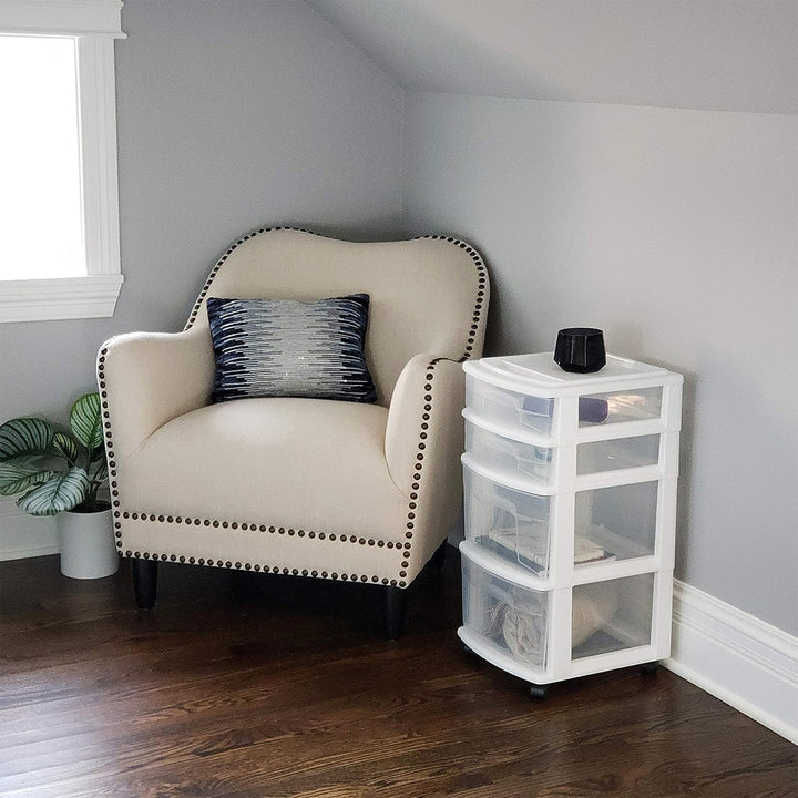 Homz Clear Plastic 4 Drawer Medium Home Storage Container Tower, White Frame