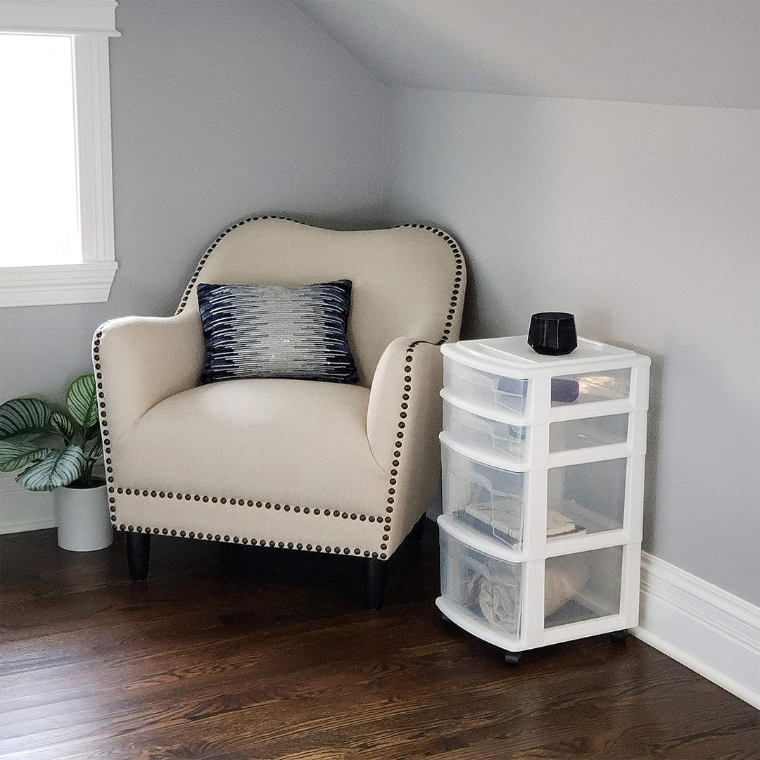 Homz Clear Plastic 4 Drawer Medium Home Storage Tower, White Frame (Used) - VMInnovations
