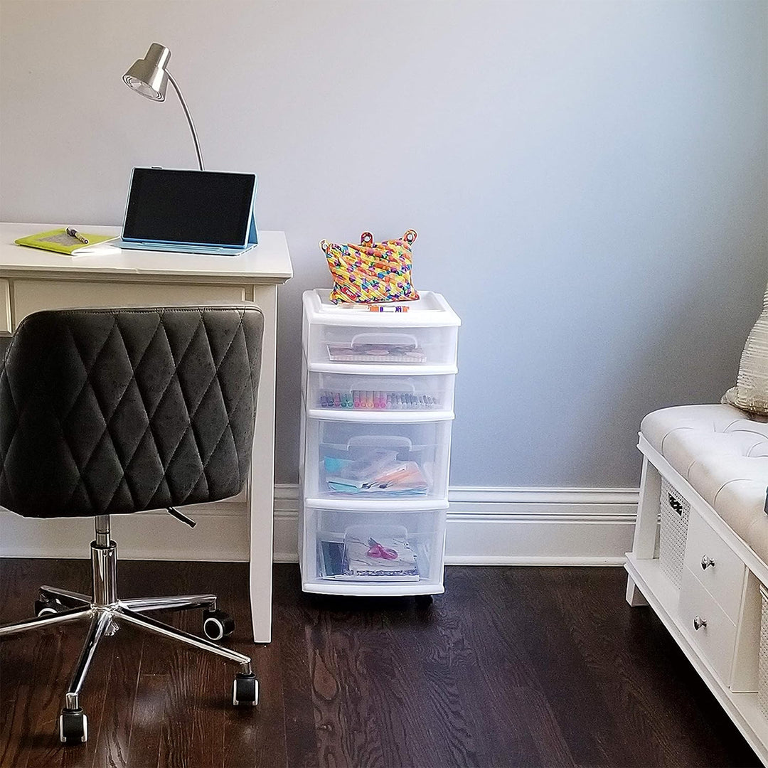 Homz Clear Plastic 4 Drawer Medium Home Storage Container Tower, White Frame