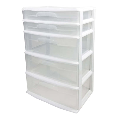 Homz Plastic 5 Drawer Storage Container Tower with Clear Drawers/White Frame