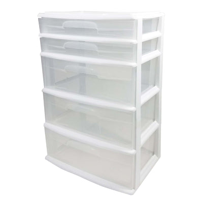 Homz Plastic 5 Drawer Storage Container Tower w Clear Drawers/White Frame (Used)