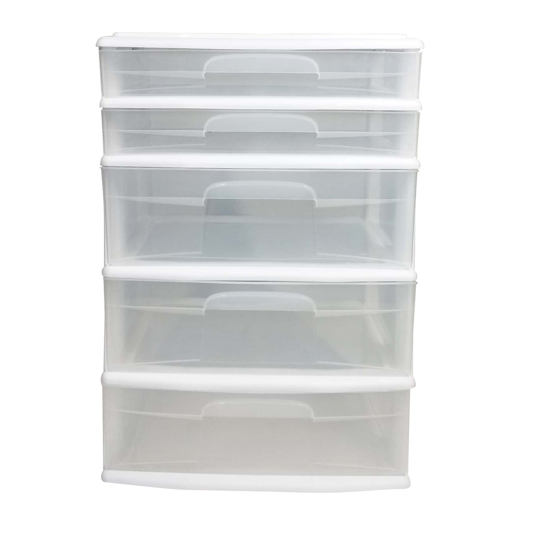 Homz Plastic 5 Drawer Storage Container Tower with Clear Drawers/White Frame