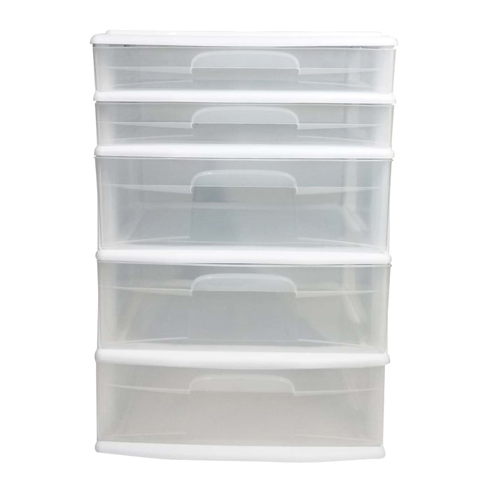 Homz Plastic 5 Drawer Storage Container Tower with Clear Drawers/White Frame