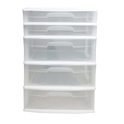 Homz Plastic 5 Drawer Storage Container Tower with Clear Drawers/White(Open Box)