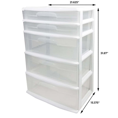 Homz Plastic 5 Drawer Storage Container Tower with Clear Drawers/White Frame