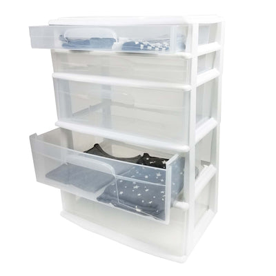 Homz Plastic 5 Drawer Storage Container Tower with Clear Drawers/White Frame