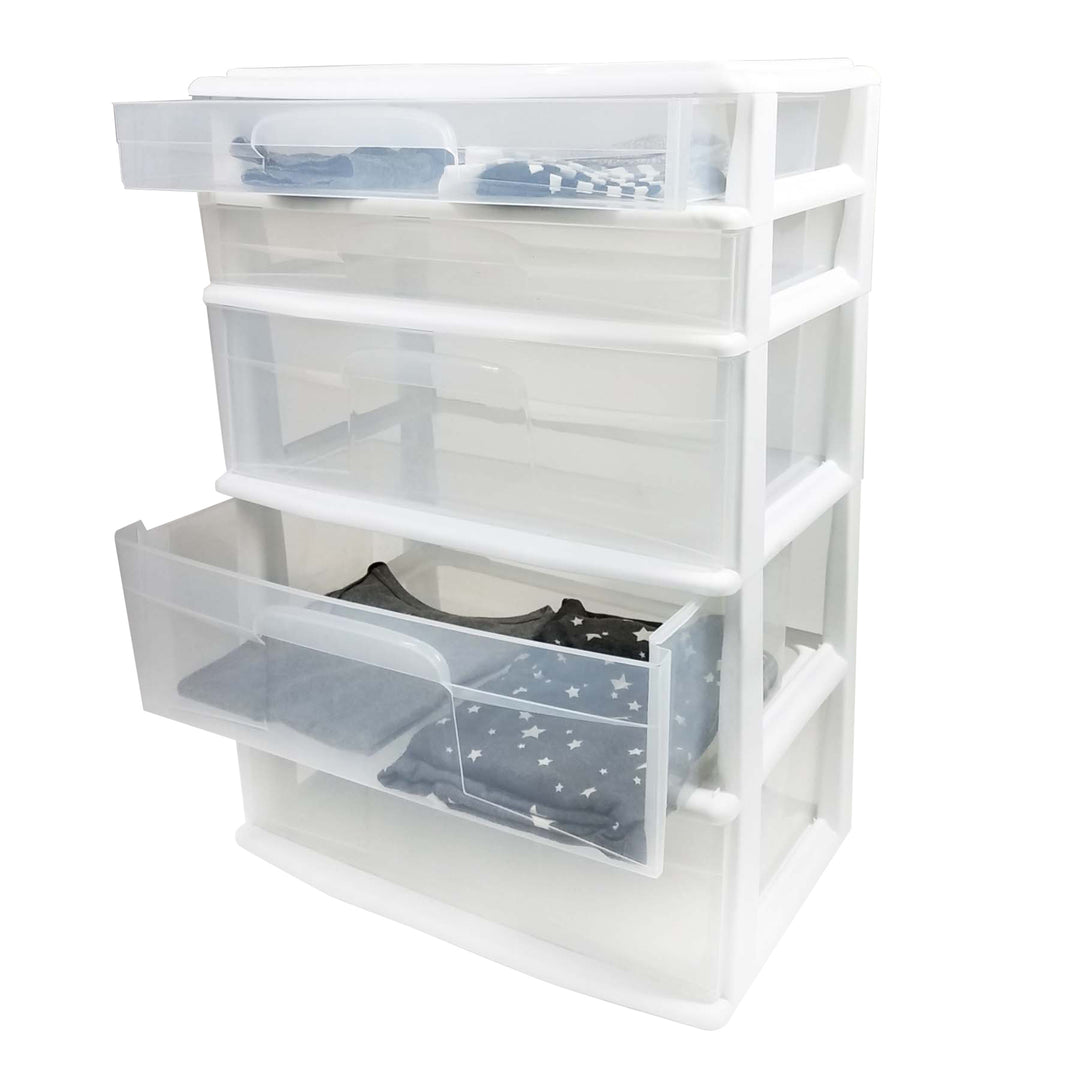 Homz Plastic 5 Drawer Storage Container Tower with Clear Drawers/White(Open Box)