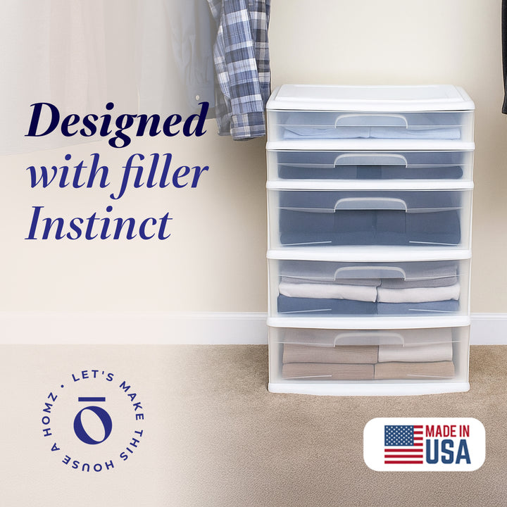 Homz Plastic 5 Drawer Storage Container Tower with Clear Drawers/White Frame