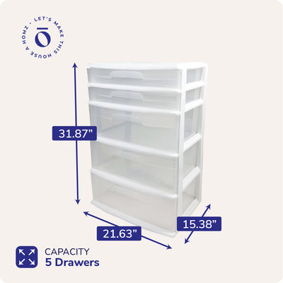 Homz Plastic 5 Drawer Storage Container Tower with Clear Drawers/White(Open Box)