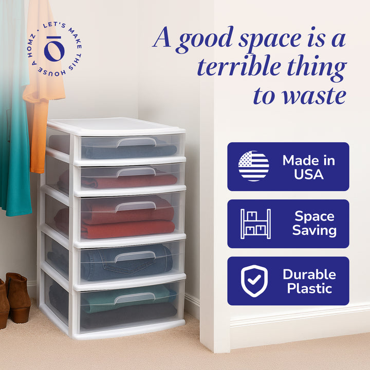 Homz Plastic 5 Drawer Storage Container Tower with Clear Drawers/White Frame