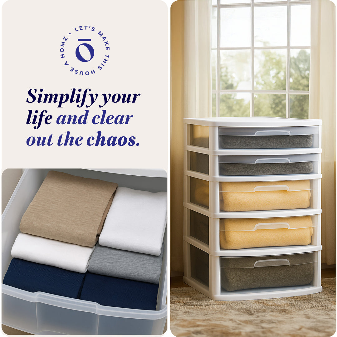 Homz Plastic 5 Drawer Storage Container Tower with Clear Drawers/White(Open Box)